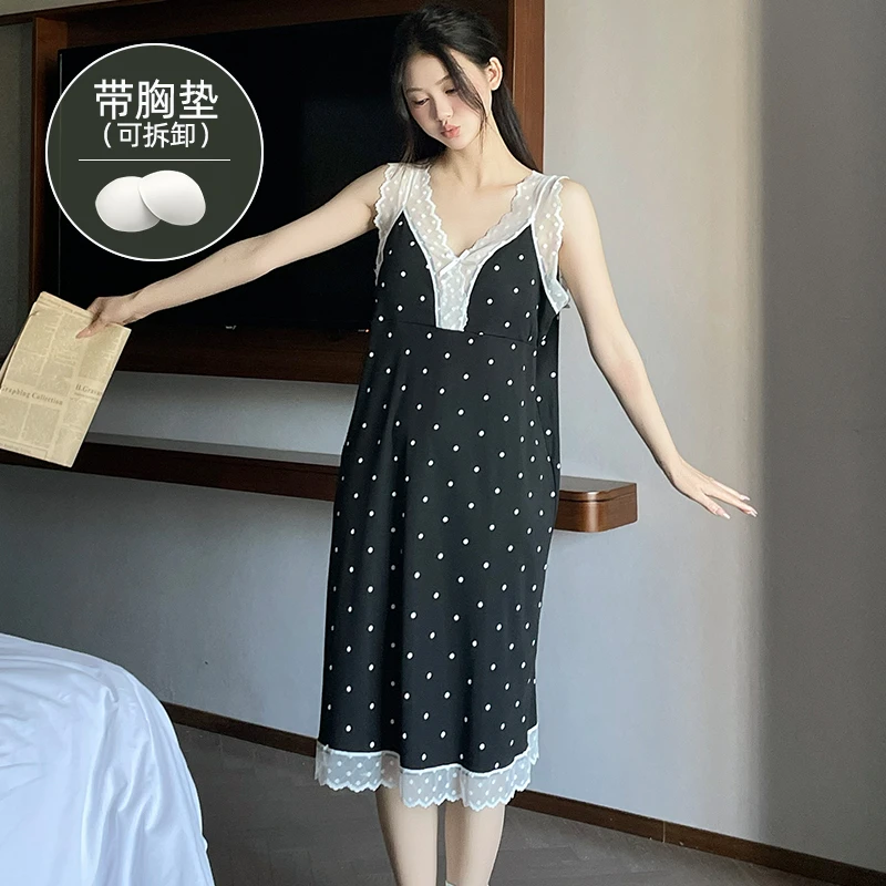 夏季爆款波点蕾丝睡裙女款带胸垫吊带睡衣大码纯欲背心家居服