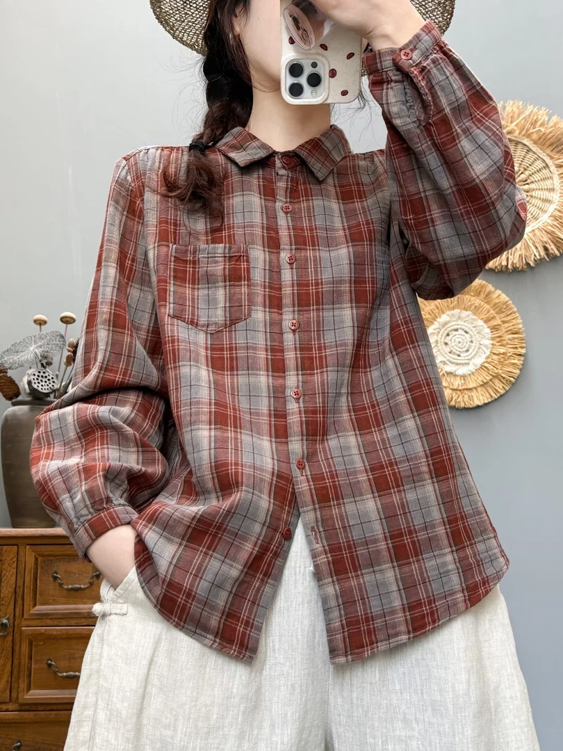 [100棉]2025春秋新款纯棉长袖衬衫气质减龄显瘦百搭休闲衬衫7082