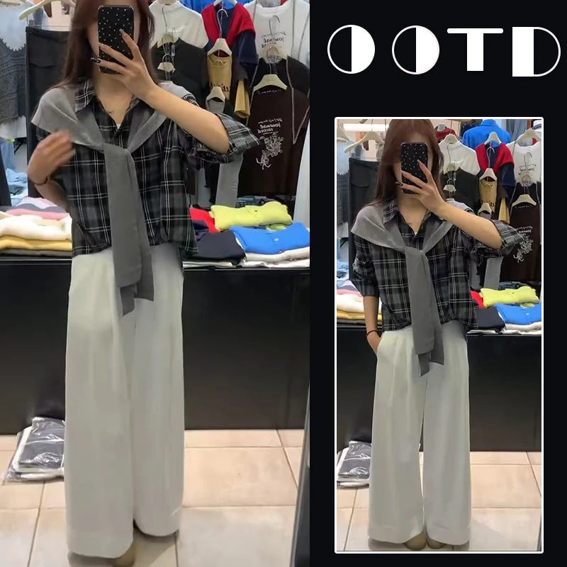 超火早秋穿搭新款套装女2025设计感格子上衣披肩时尚裤子三件套