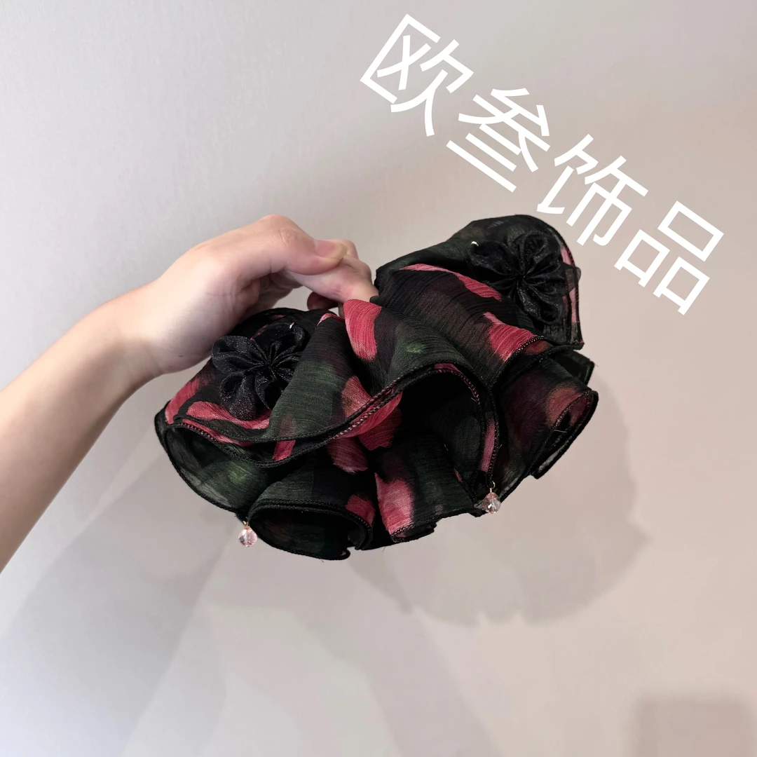 dcq758大版褶皱碎花挂花单圈大肠圈发饰雪纺焊锡手工原创头饰