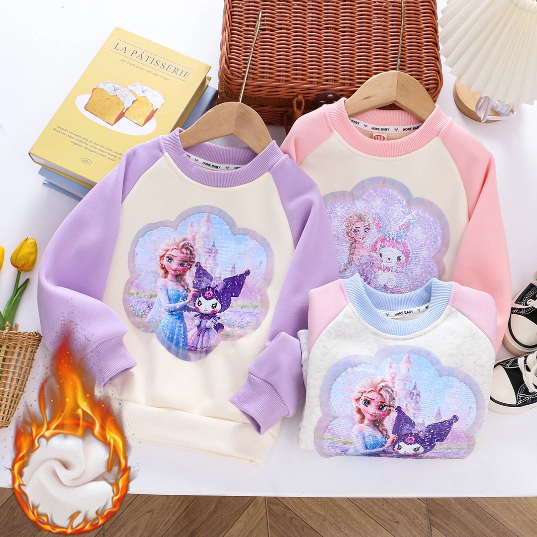 女童插肩袖加绒卫衣冬季儿童加绒卫衣女孩学校一体绒圆领长袖上衣