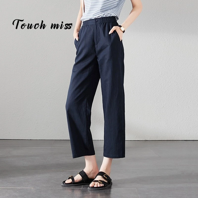 TOUCH MISS简约时尚九分休闲裤女2026夏轻薄透气纯色松紧腰直筒裤