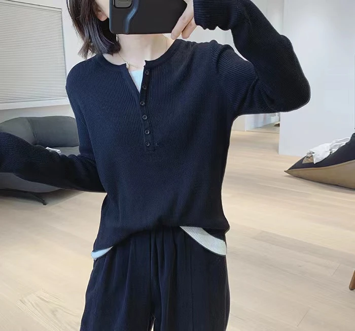 胸82-140长57水溶羊毛~撞色假两件长袖针织上衣 5443