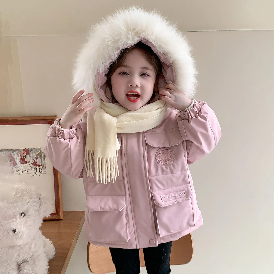 女童加绒外套秋冬季2025新款儿童洋气保暖加厚派克服宝宝毛领棉服