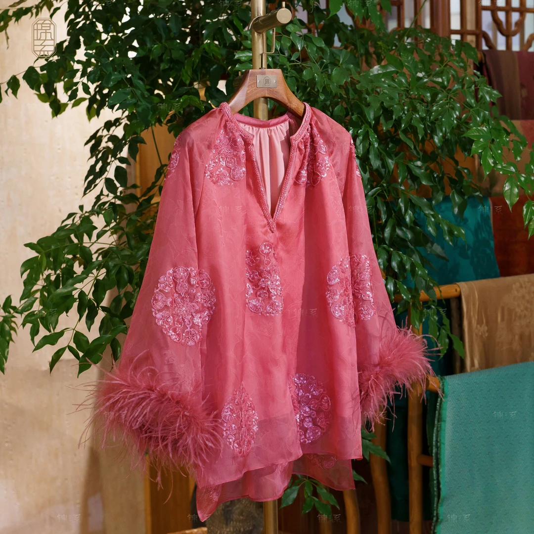 【锦系】真丝欧根纱提花拼鸵鸟毛桑蚕丝绣花V领长袖上衣C-382419