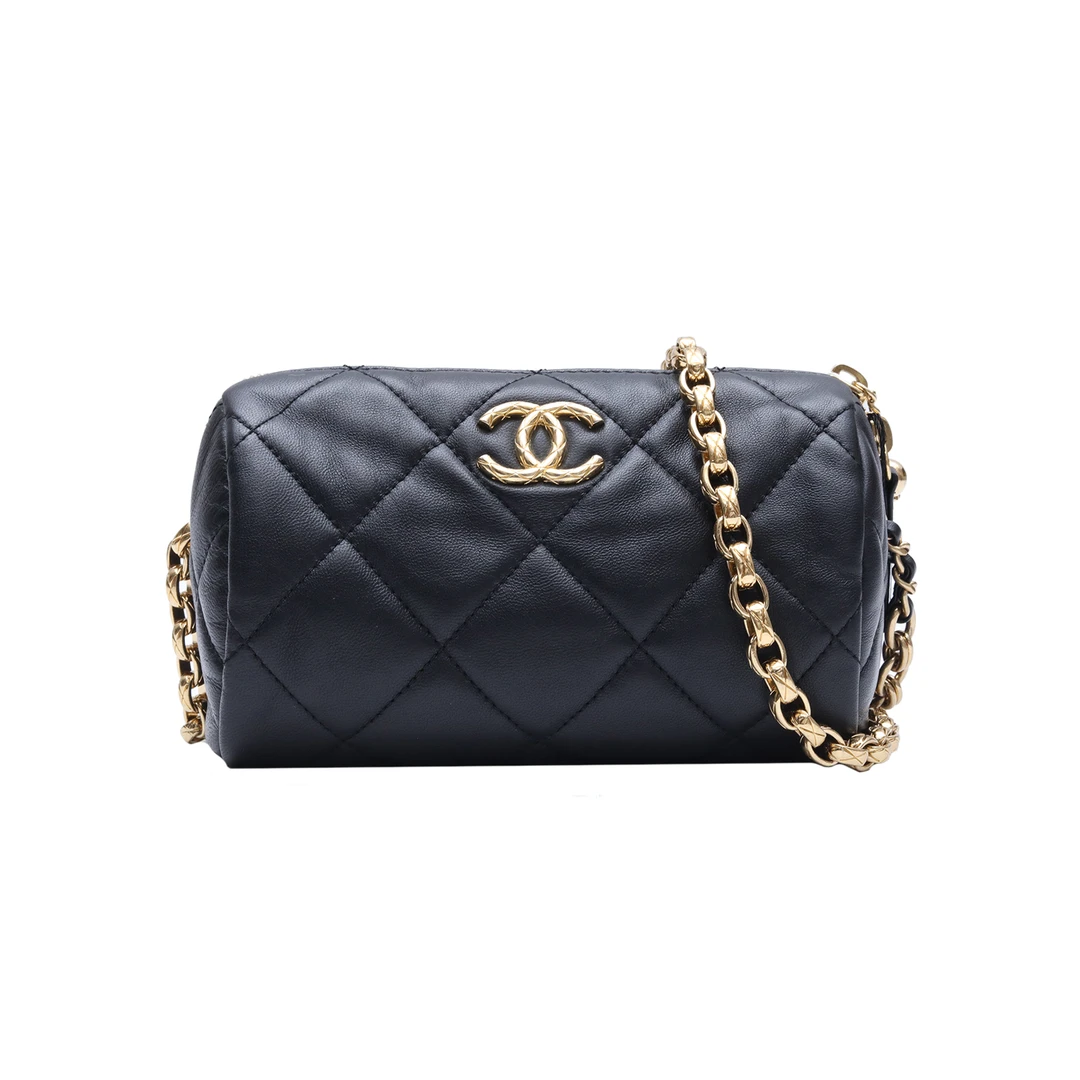 99新 Chanel/香奈儿 小花双双 22A 迷你保龄球包 黑色 芯片开