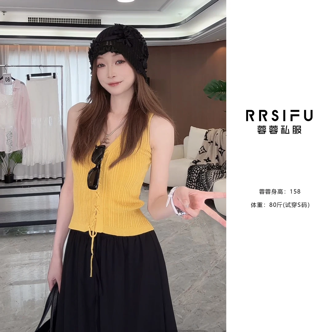 【RRSIFU蓉蓉私服】XS2460薄款v领无袖针织衫独特别致绑带短上衣