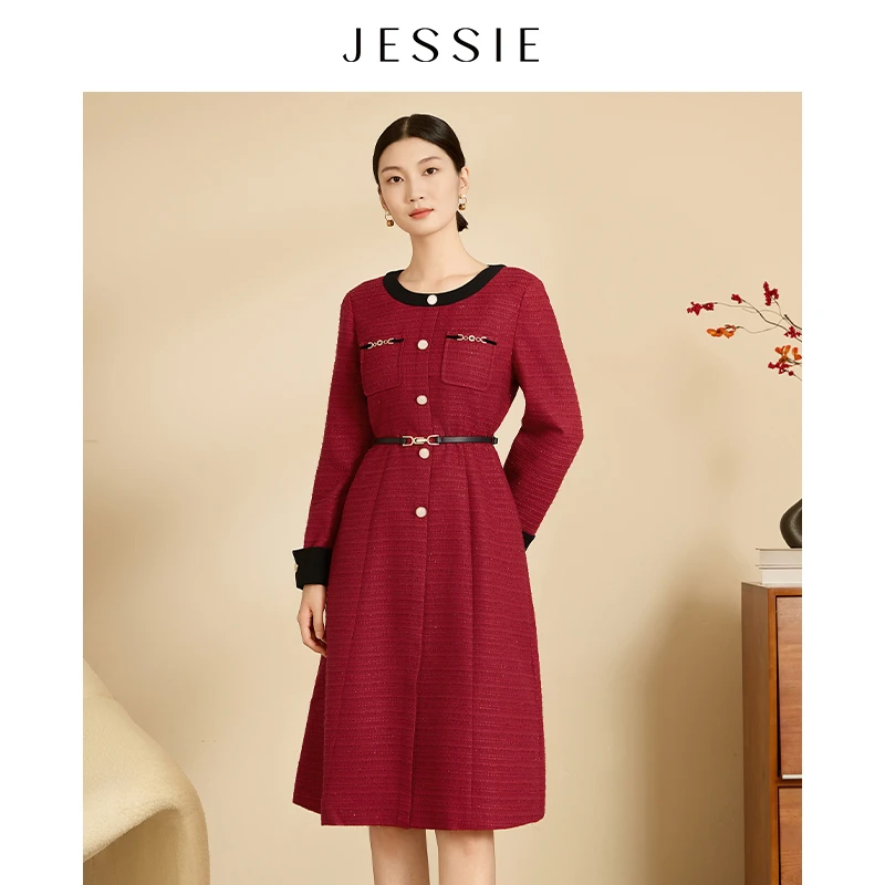【刘校长专属】JESSIE撞色圆领系带收腰红色小香风A字连衣裙冬季