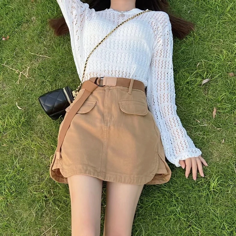 春夏时尚百搭宽松显瘦镂空针织衫（配美背）+高腰百搭半身裤裙套