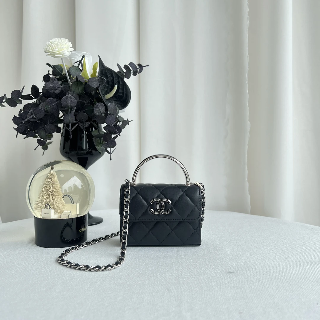 99新 Chanel/香奈儿 香奈儿24C黑银珐琅手柄链条包 芯片款