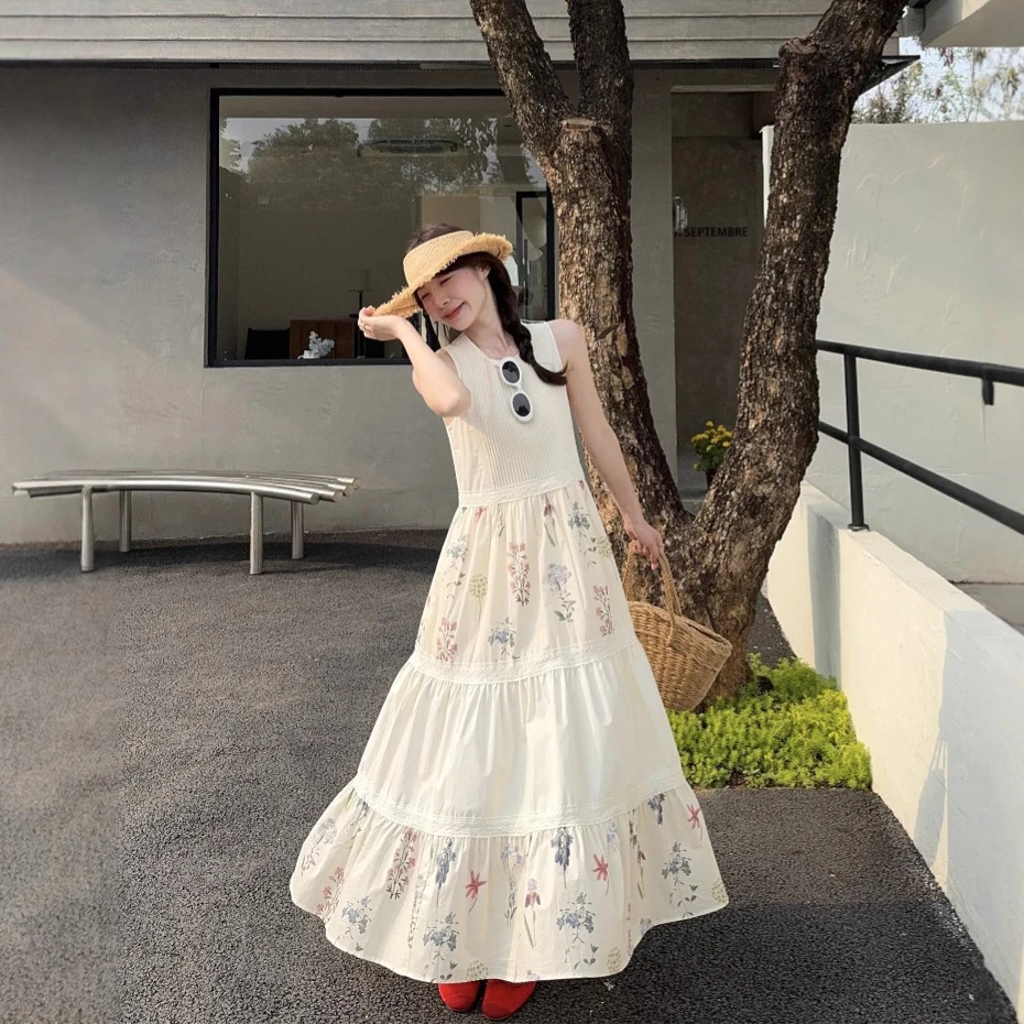 夏季法式甜美工艺设计感蕾丝拼接撞色碎花背心连衣裙长裙子