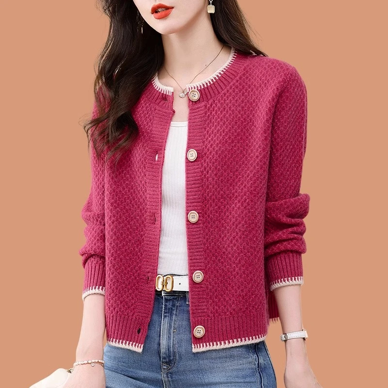 圆领针织衫女开衫外套短款羊毛衫高腰小个子宽松春秋