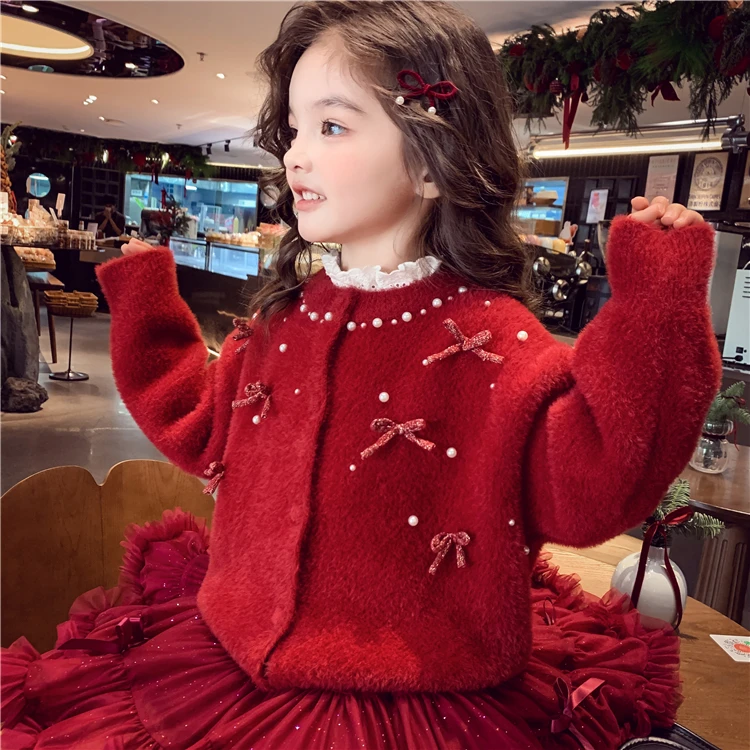 女童红色水貂绒毛衣外套春秋冬新款儿童软糯针织开衫小女孩上衣潮