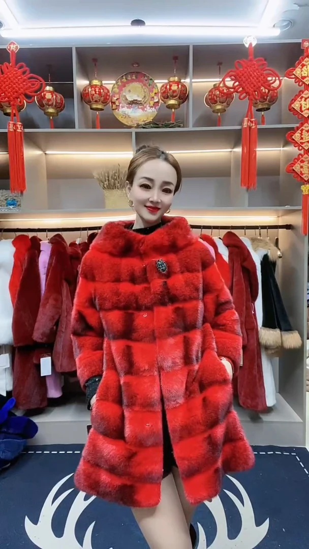 2024新款貂皮大衣女款整貂立领中长款水貂皮草外套横条款