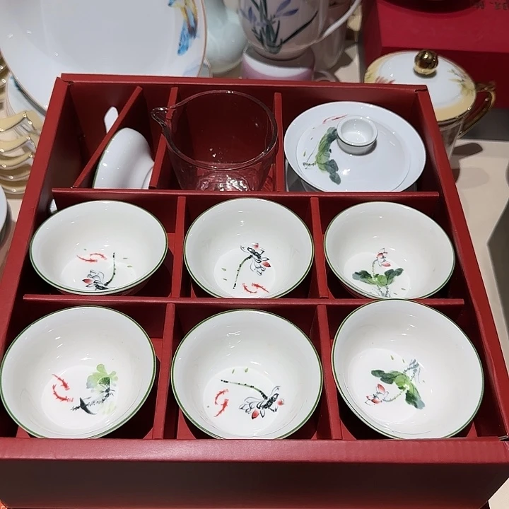 瓷12件套水墨荷花茶壶配礼盒微瑕