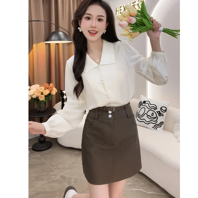 法式小清新复古轻熟风POLO领杏色衬衫女2024春季新款小众上衣