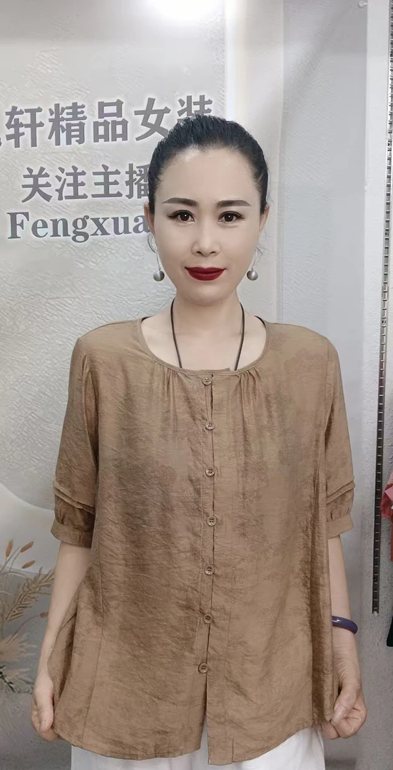 文艺简约纯色圆领丝麻女士夏季透气宽松衬衫