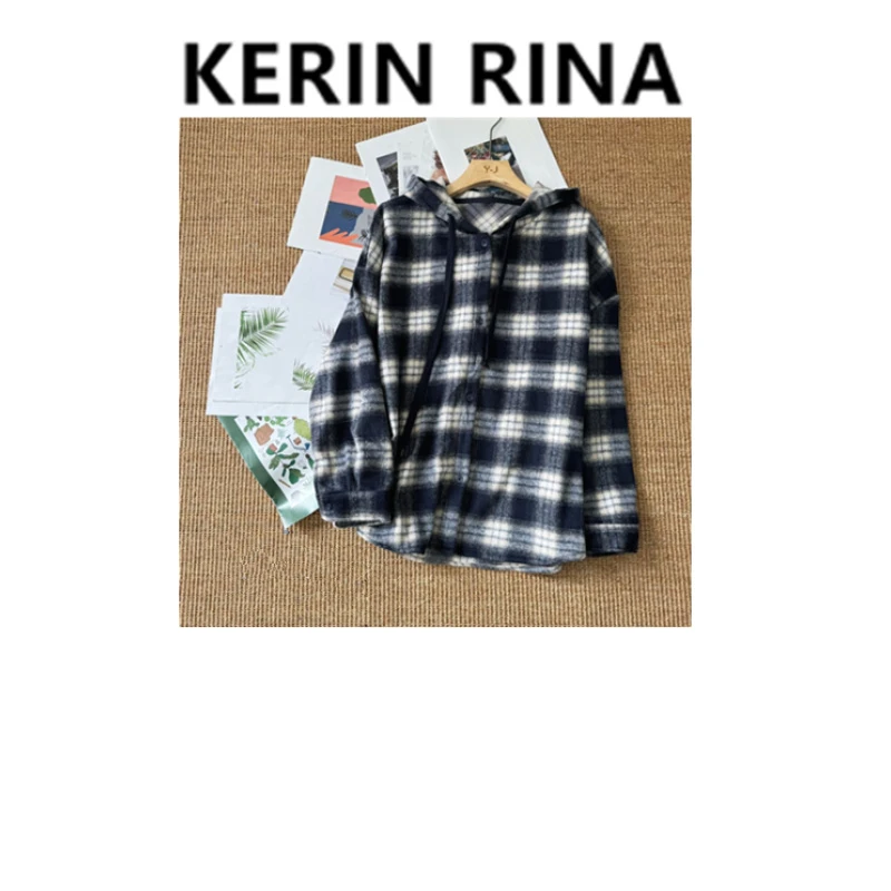Kerin{冒格}--新款毛格子连帽衬衫柔顺时尚气质百搭
