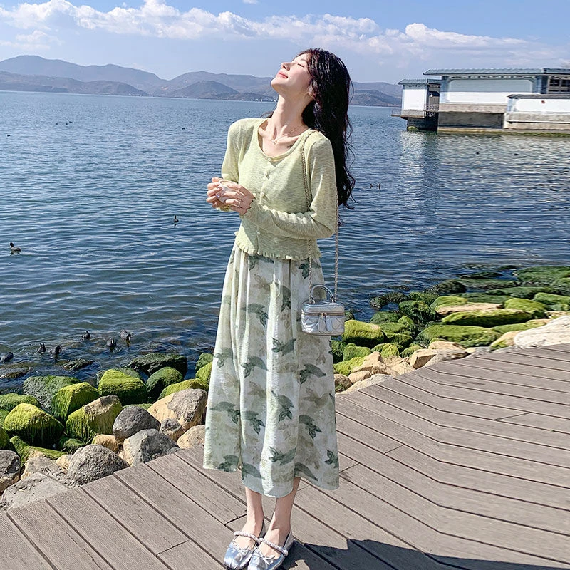 绿色针织开衫印花连衣裙套装女2025春季法式甜美减龄碎花裙两件套