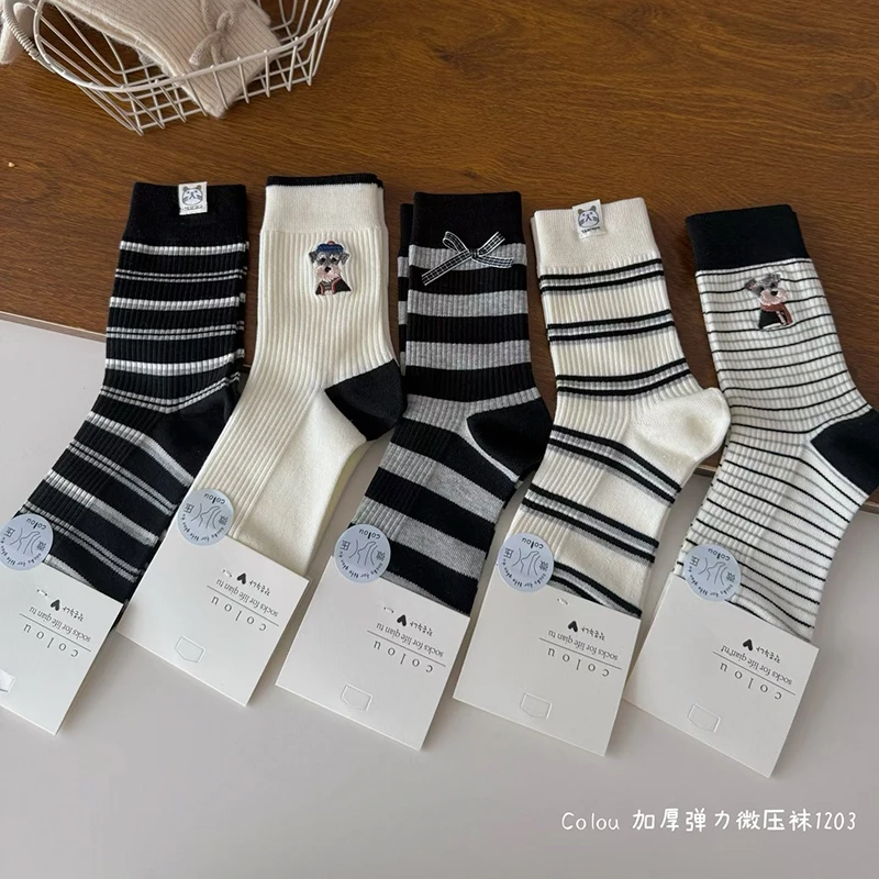 刺绣雪纳瑞袜子女ins潮秋冬中筒袜韩国东大门卡通百搭高腰长筒袜