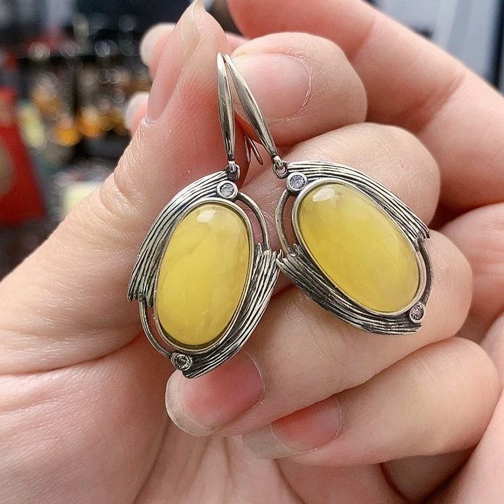 琥珀裸石银S925镶嵌耳坠