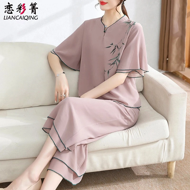 2025新款妈妈夏装时尚雪纺套装国风上衣服中老年女装t恤短袖小衫