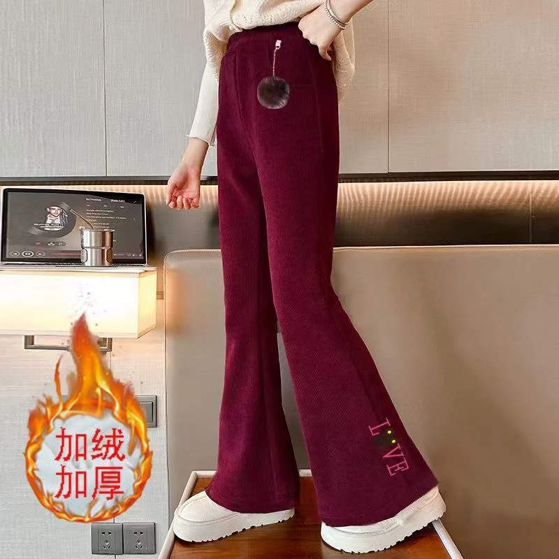 女童加绒喇叭裤秋冬款2025新款儿童加绒微喇叭裤洋气休闲中大童裤