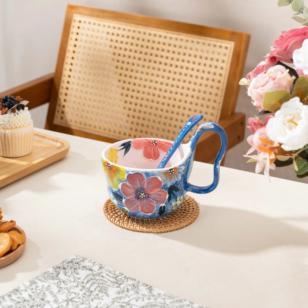 【高吉Gogic】手绘釉下彩-濑户烧宝蓝月季葫芦曲把杯早餐杯（配勺子）