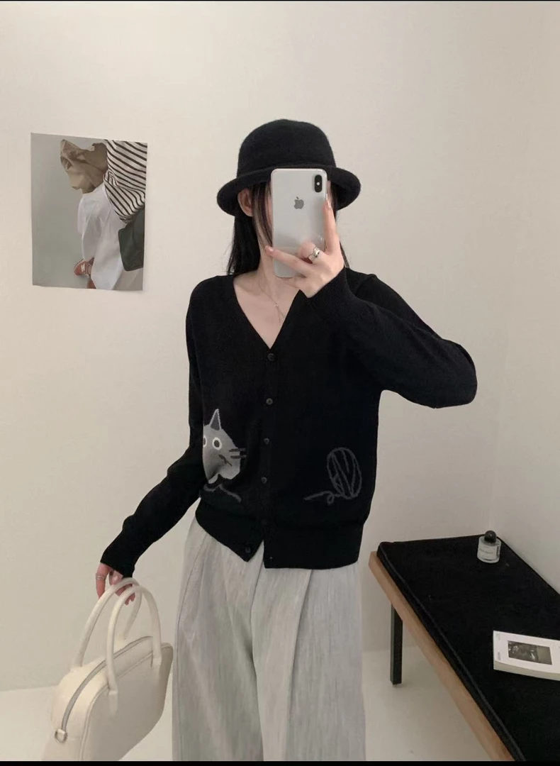 8291-3302 女毛针织衫猫咪修身毛衣开衫百搭上衣