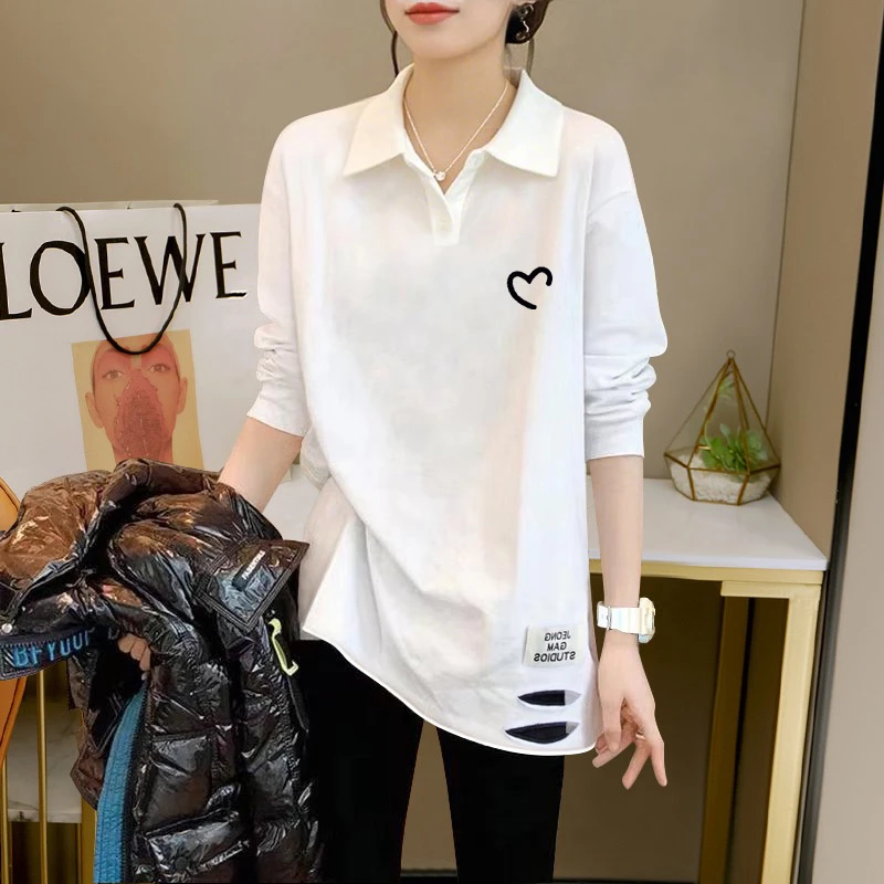 秋冬季出游服装女士白色t恤POLO领打底衫显瘦减龄中长款长袖上衣