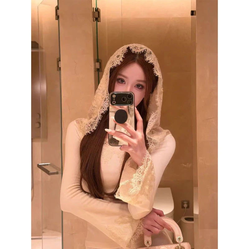 【白茶】高级感蕾丝拼接连帽长袖T恤女名媛风修身打底衫