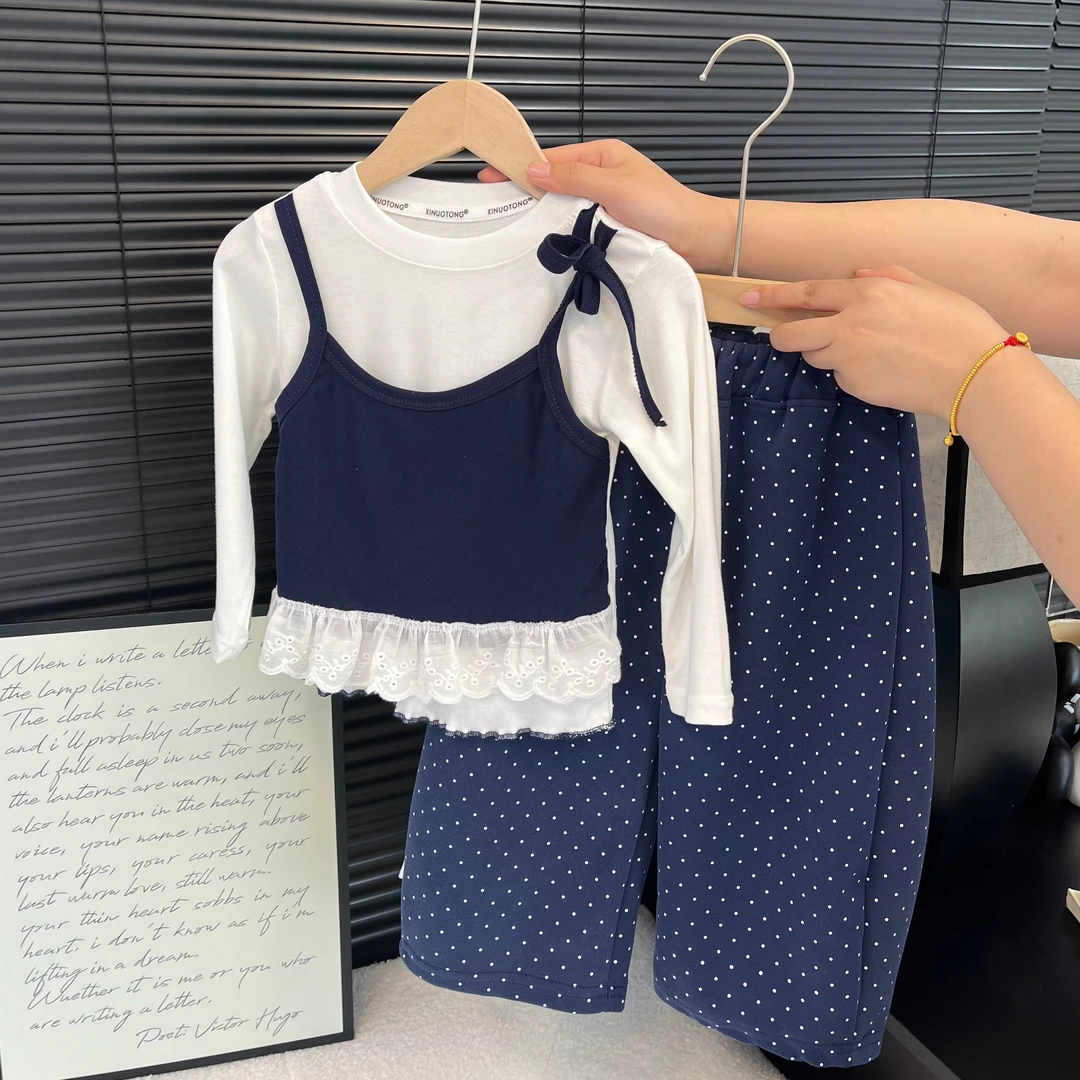 女童2025春季韩系新款亲肤儿童时尚甜妹花边上衣阔腿裤套装