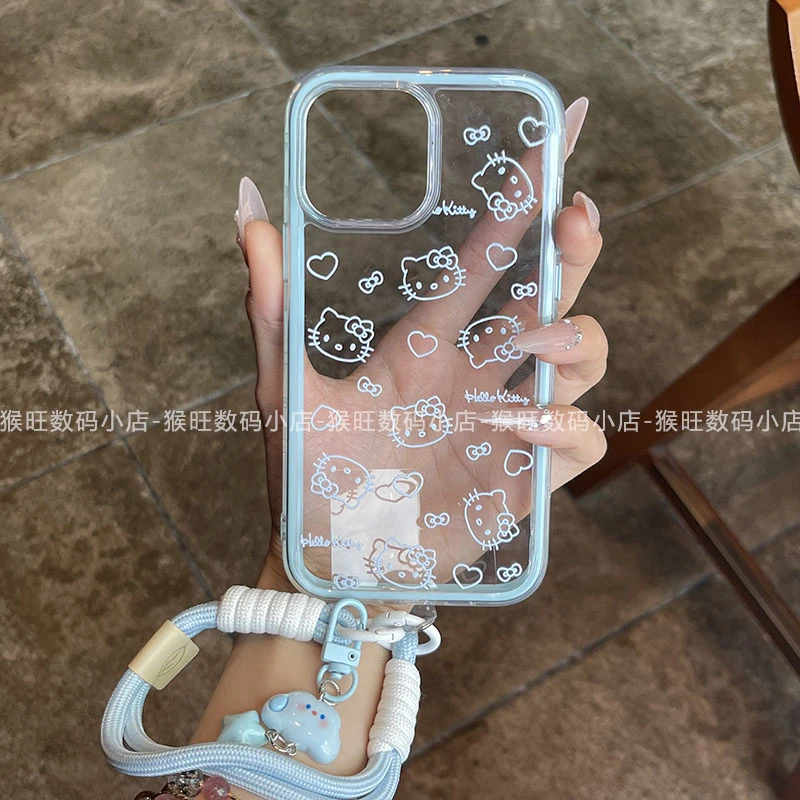 ins可爱线条猫咪爱心云朵挂绳适用iPhone16pro手机趣味华为P70女