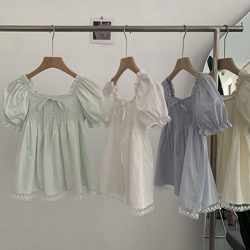 衣多芬欧玛莱 蕾丝边方领泡泡短袖衬衫小清新温柔风气质纯色娃娃