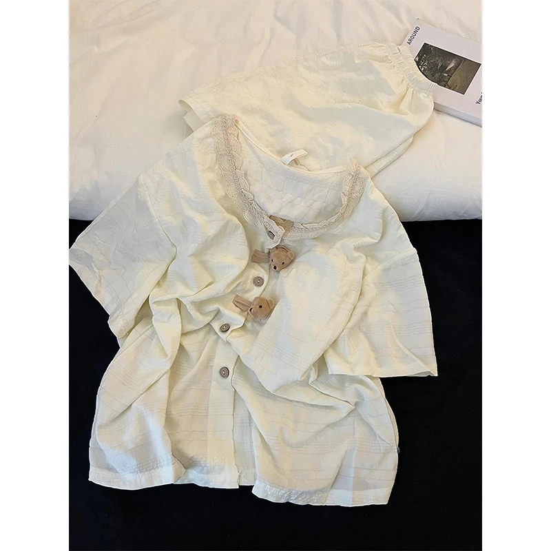 【小熊纽扣】韩系可爱休闲纯色睡衣女夏季新款蕾丝边短袖家居服套装