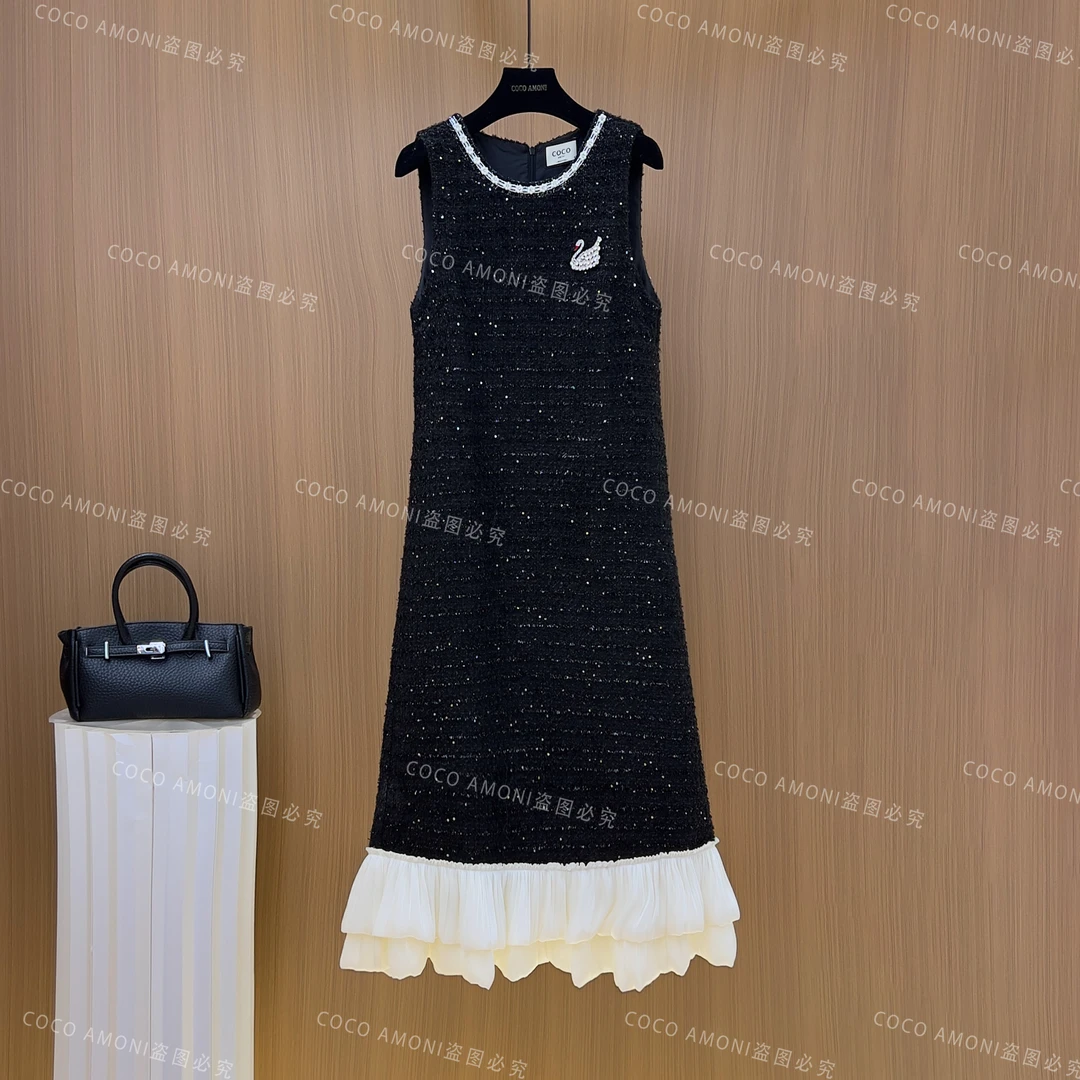 秋冬设计师爆款女装拼接收腰显瘦气质连衣裙WXH1077