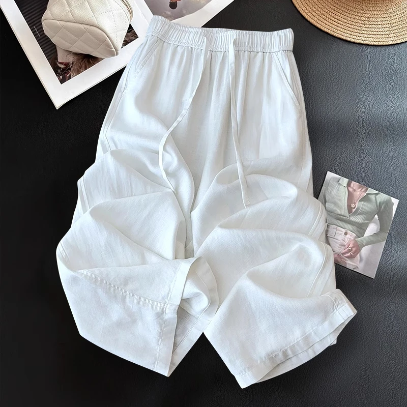 拉夏贝尔白色阔腿裤女夏季薄款2025新款巨好看显瘦九分裤直筒裤子