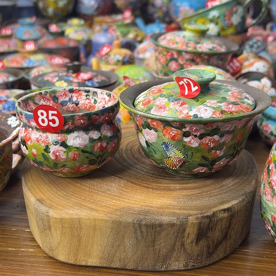 泥塑紫砂手绘盖碗套装