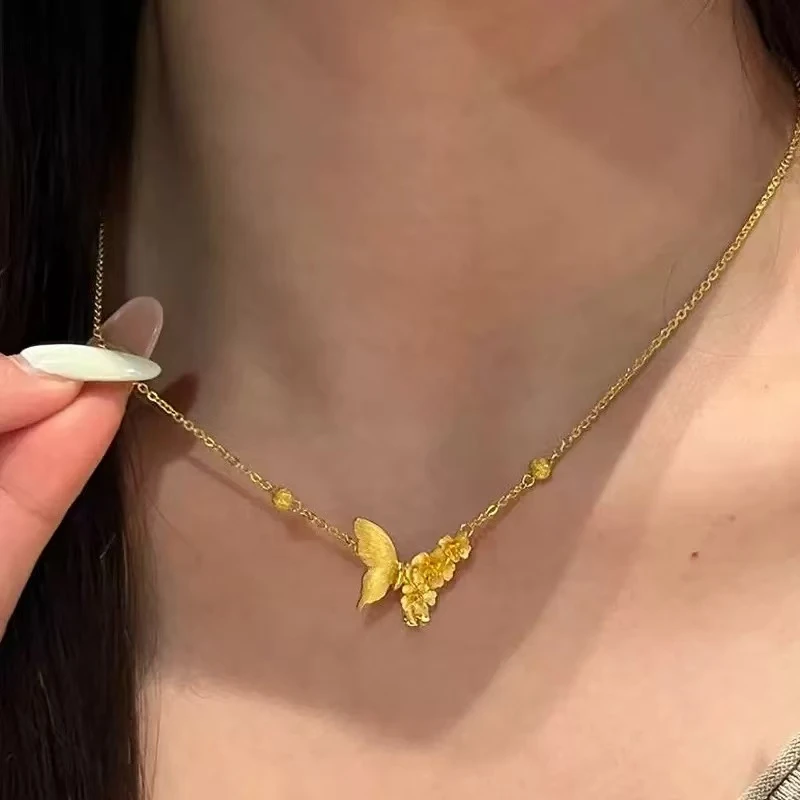 合金项链 小红书爆款古法小金花时尚项链女重工拉丝蝴蝶锁骨链