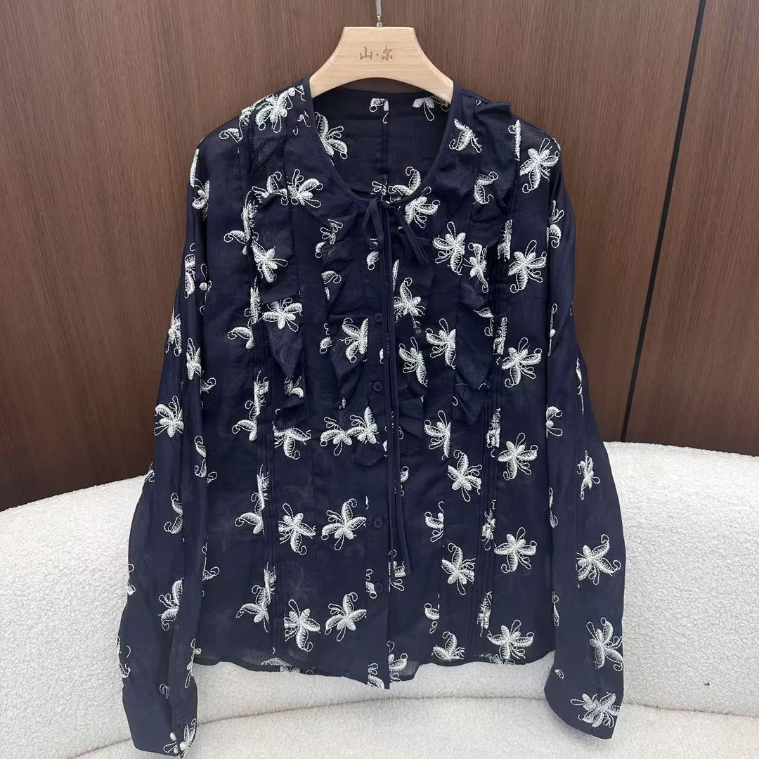 山.尔【静婉】重工刺绣蝴蝶苎麻衬衫
