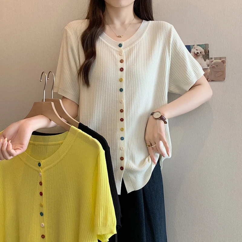 3930大码女装夏装新款宽松针织开衫上衣胖mm显瘦百搭冰丝短袖T恤
