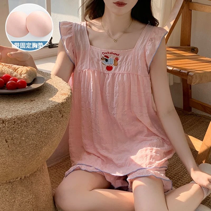 带胸垫睡衣女夏季薄款吊带2025新款可爱小飞袖爆款家居服套装小狗