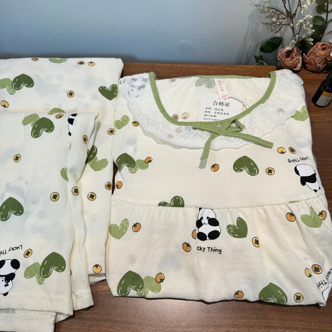R528三件套夏季圆领熊猫家居服带胸垫 短袖+短裤+长裤