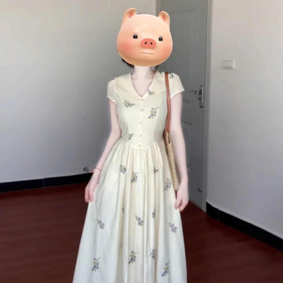 【现货+运补】杏色碎花polo领短袖法式气质绝美长裙3861