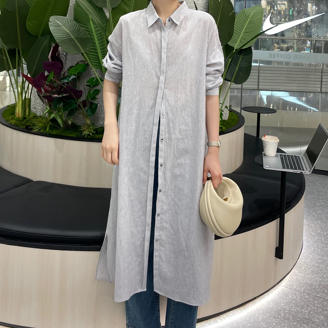 新款宽松亚麻棉混纺百搭条纹衬衫连衣裙0603