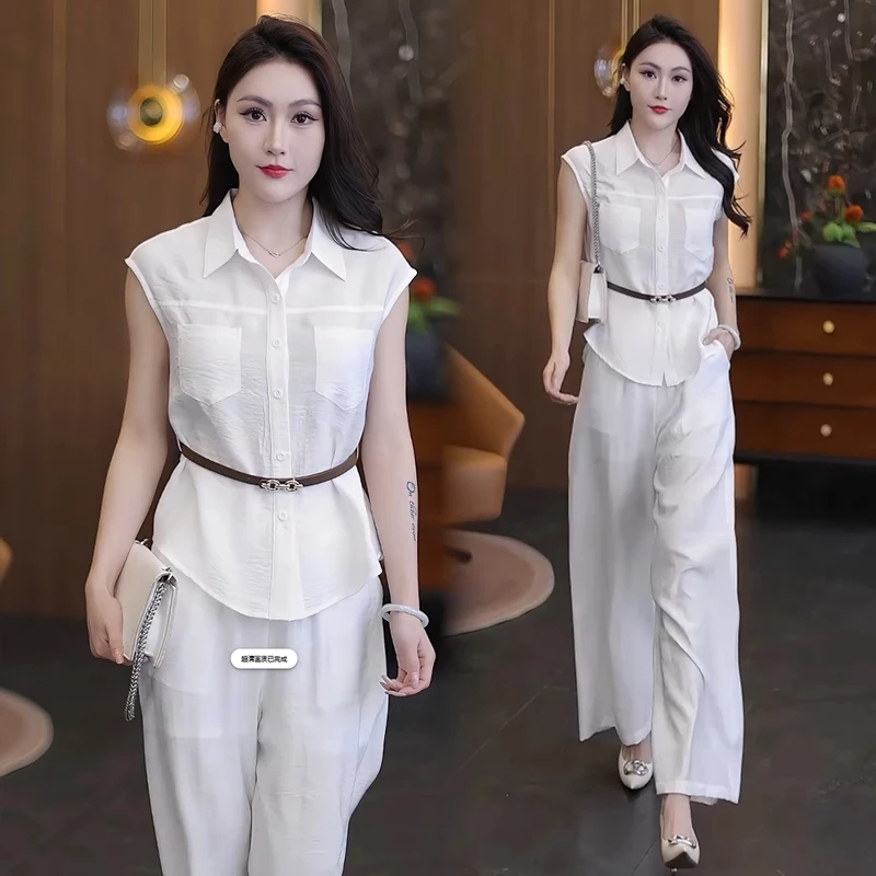 拉夏贝尔2025年夏新款洋气无袖衬衫上衣阔腿裤百搭两件套时尚套装
