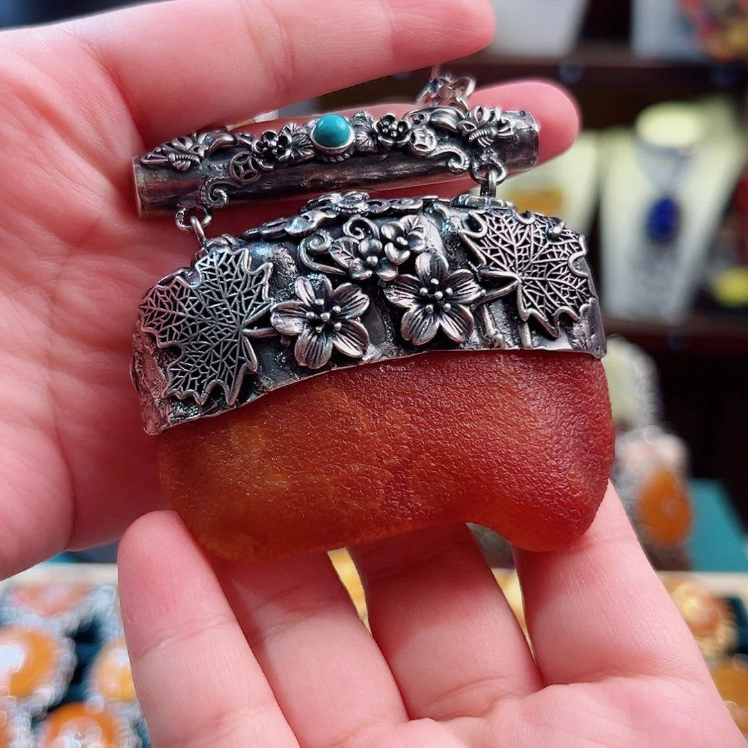 琥珀银S925镶嵌颈饰国风