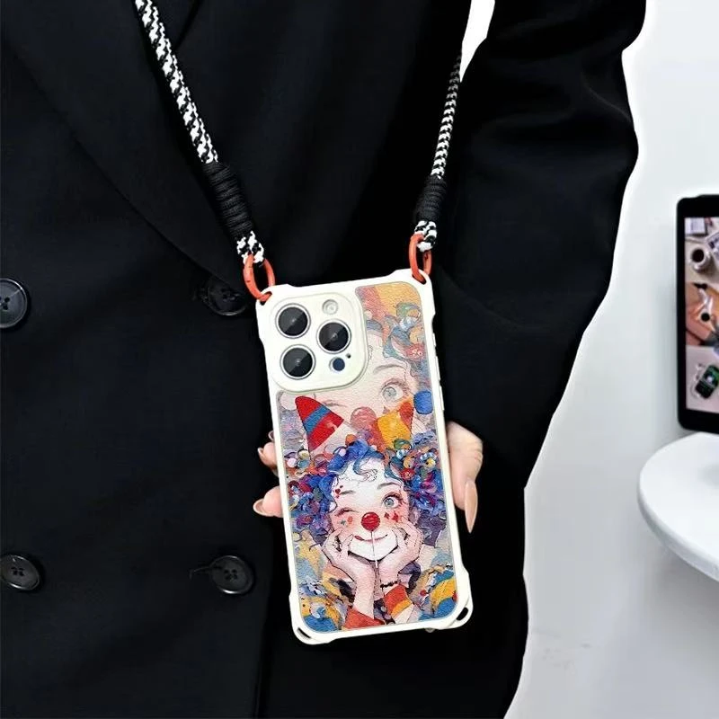潮牌新款四角挂绳贴皮透明小丑女手机壳ins防摔全包创意卡通可爱