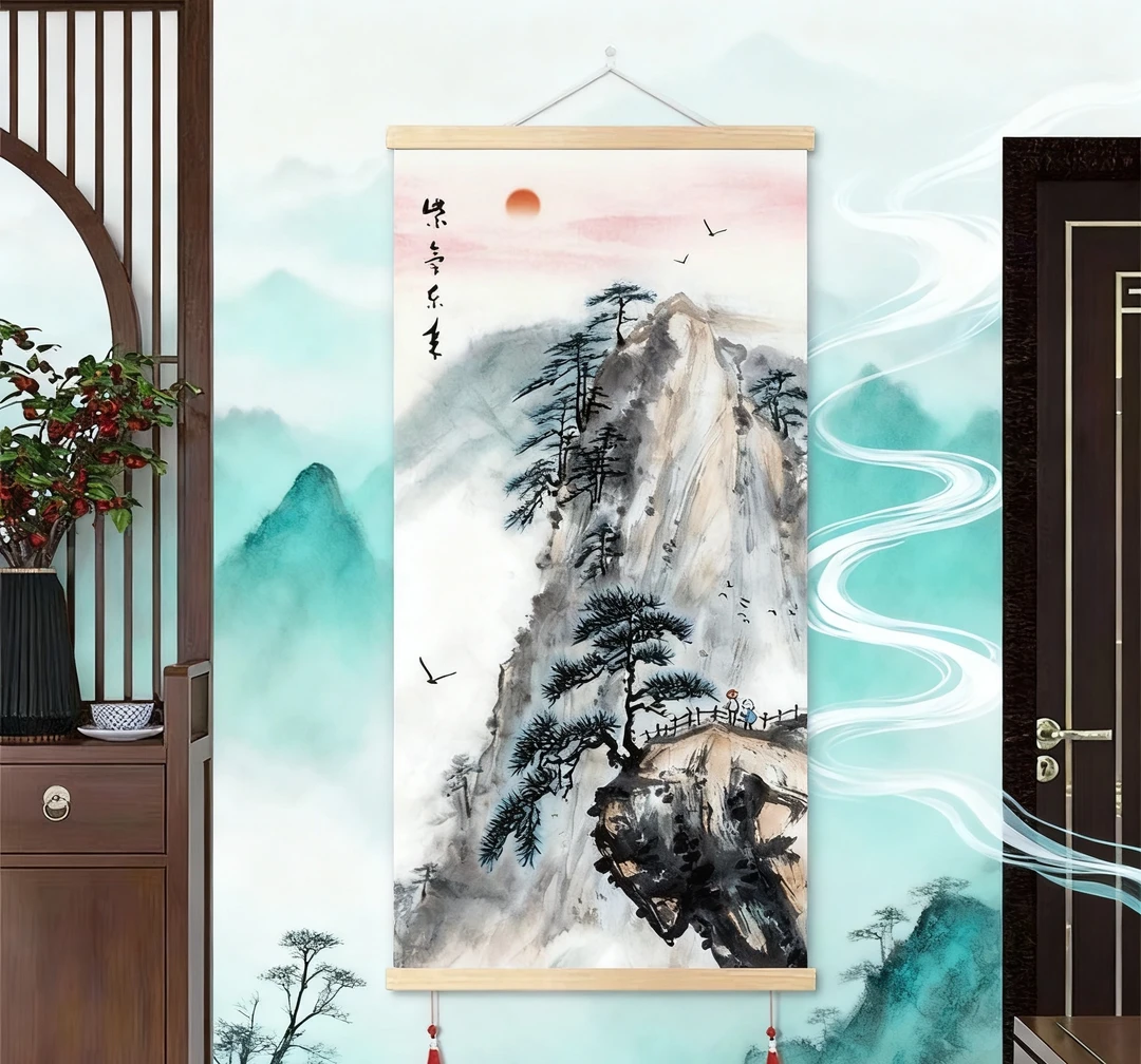 精美山水竖幅玄关斗方画片通用圆筒盒