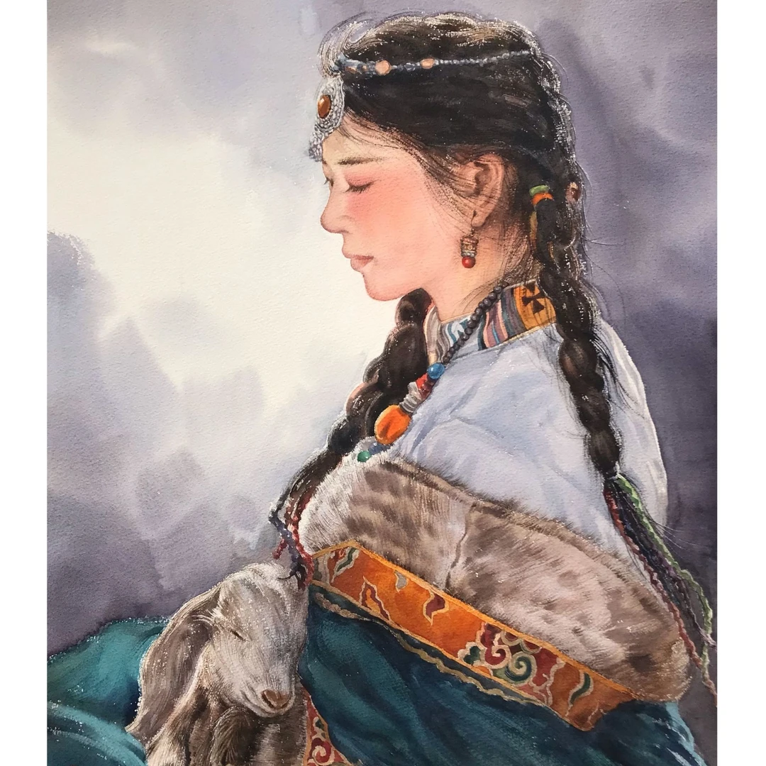 创意手绘水彩现代装饰性画作潘建中《祈福》46X61cm